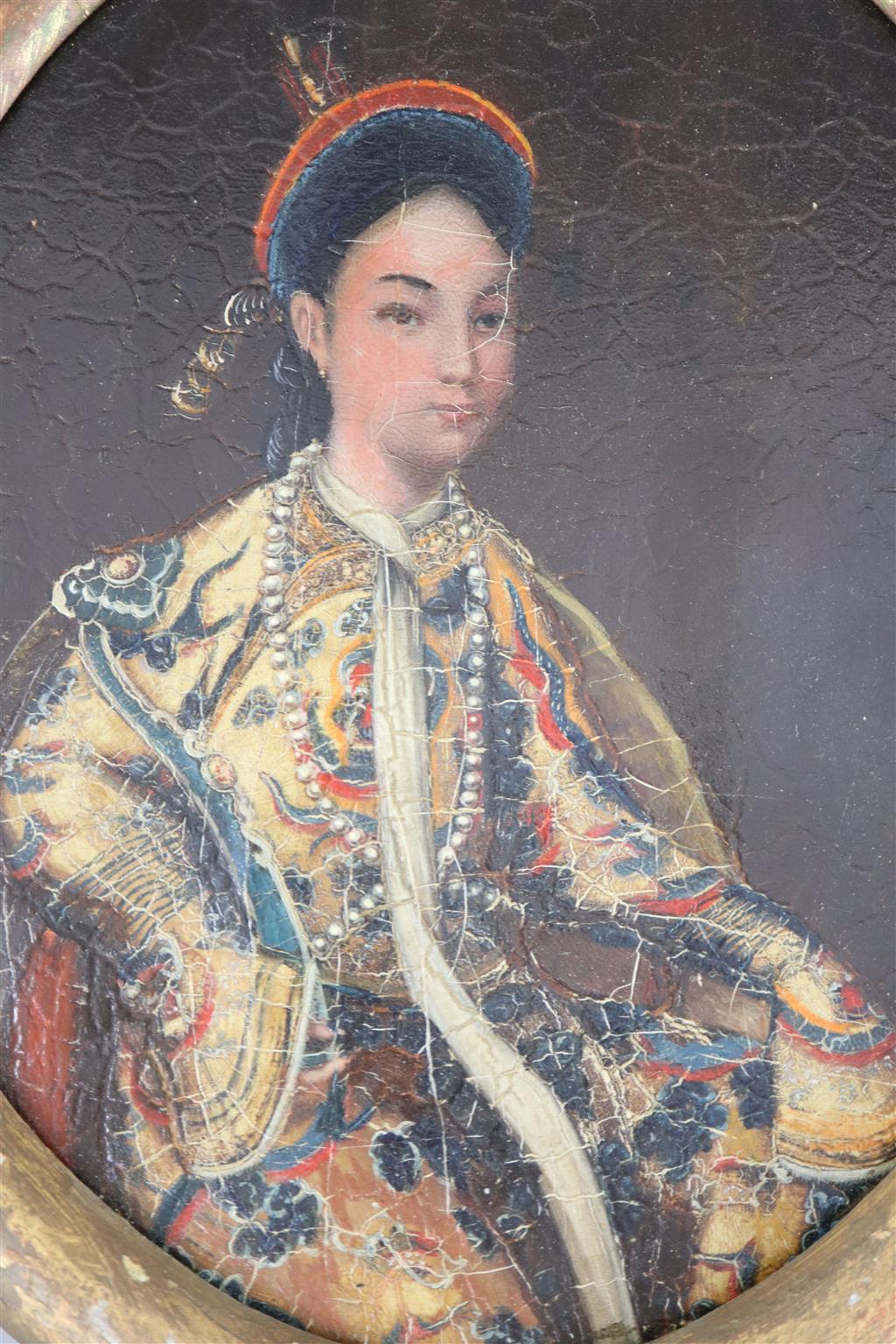 A pair of 19th century China Trade oils on canvas of the Emperor and Empress of China, image 22.5 x 18cm